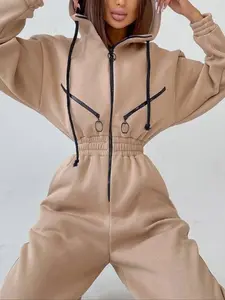 Women's Solid Drop Shoulder Drawstring Hooded Fitted Jumpsuit, Casual Long Sleeve Zipper Jumpsuit for Daily Wear, Ladies Clothes for All Seasons