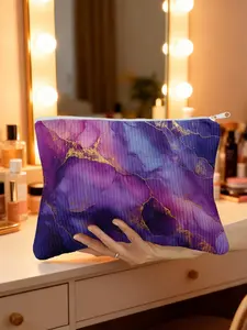 1pc, Purple and Gold Swirls Print Corduroy Cosmetic Bag - Soft, Stylish & Roomy Travel Makeup Pouch for Everyday Essentials & Beauty Storage