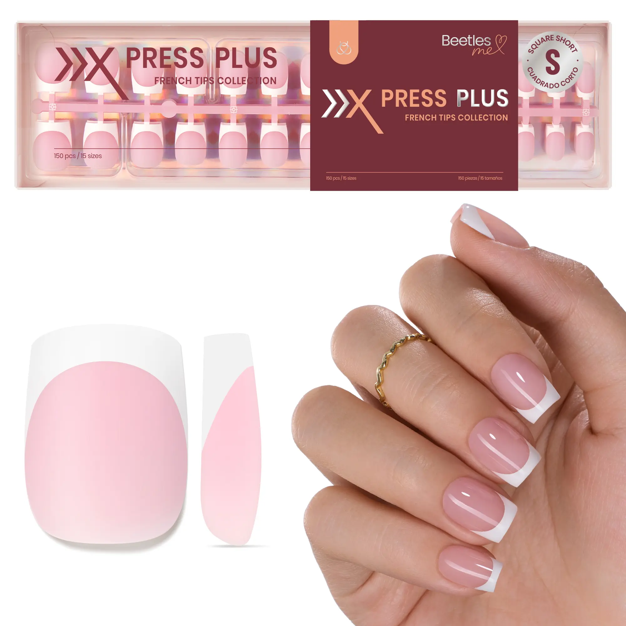 Beetles French Tip Press On Nails, 150 Pcs Short Square Fake Nail Tips, 15 Sizes, Pre-Colored Soft Gel False Nails, Multiple Color Options, Reusable DIY Nail Art for Women