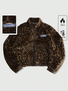 Premium Thermal Leopard Print Plush Loose Bomber Jacket | Heavyweight Cozy Stand Collar Faux Fur Outwear for Cold Weather | Aesthetic Daily Casual Winter Essential