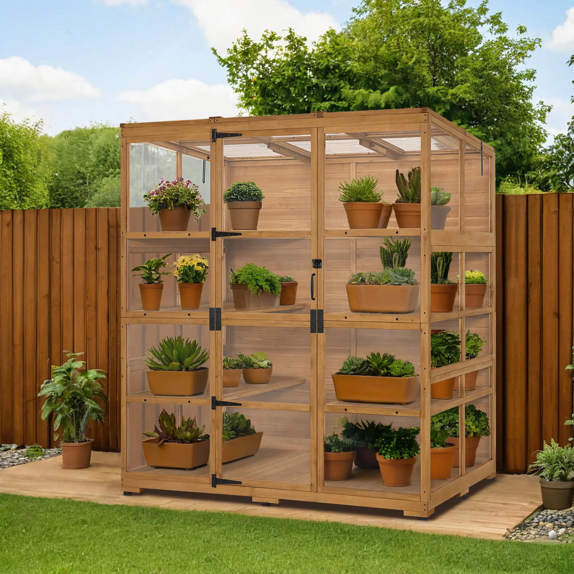 Large Wooden Walk-In Garden Greenhouse with Lockable Door, Solid Fir Frame, Rustic Look, Outdoor-Ready Acrylic Panels, Model G976