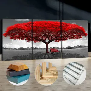 3pcs Wooden Framed Canvas Wall Art, Fashion Red Tree With The Chair, Classic Art Deco Style, Waterproof & Odorless HD 8K Print, Indoor/Outdoor Home Decor for Living Room, Bedroom, Office - Perfect Gift for Friends & Family