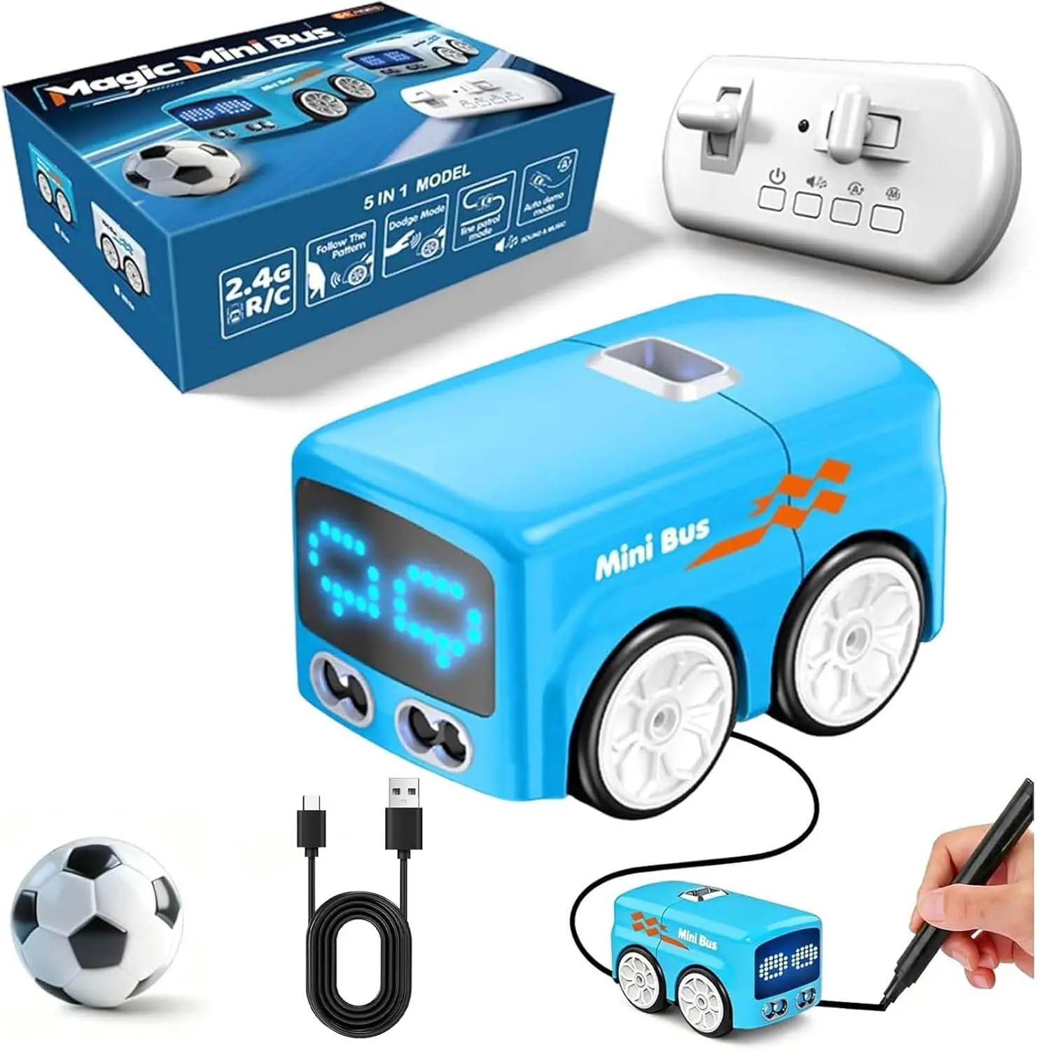 Magic Mini RC Bus Toy, 5-in-1 Smart Sensor Car, Line Tracking, Follow, Evade Obstacle & Remote Control Modes, Rechargeable Mini Toy Vehicle with LED Expression Lights, Gift for Boys Girls