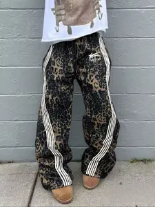 Men's Casual Leopard Print Pants, Side Stripe Loose Fit Sweatpants, Star Pattern Drawstring Wide Leg, All Season Men's Camo Long Pants