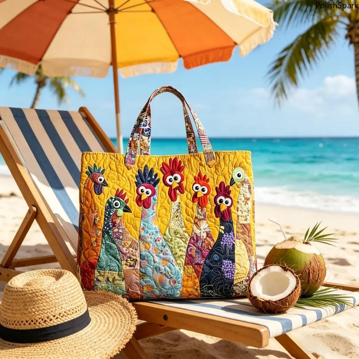 Whimsical Cartoon Chicken Quilted Tote Bag – Patterned Large-Capacity Patchwork Canvas Shoulder Bag with Colorful Quirky Applique for Summer Beach Travel, Sports & Outdoor Gym Handbag, Patterned Bag, Tote Bags