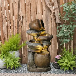 Outdoor Rock Garden Water Fountain for Garden, Patio, Backyard, Deck, Porch and Office, Living Room Home Art Decor, 3 Tiers Natural Cascading Outdoor Fountain with LED Lights 11"x9"x22