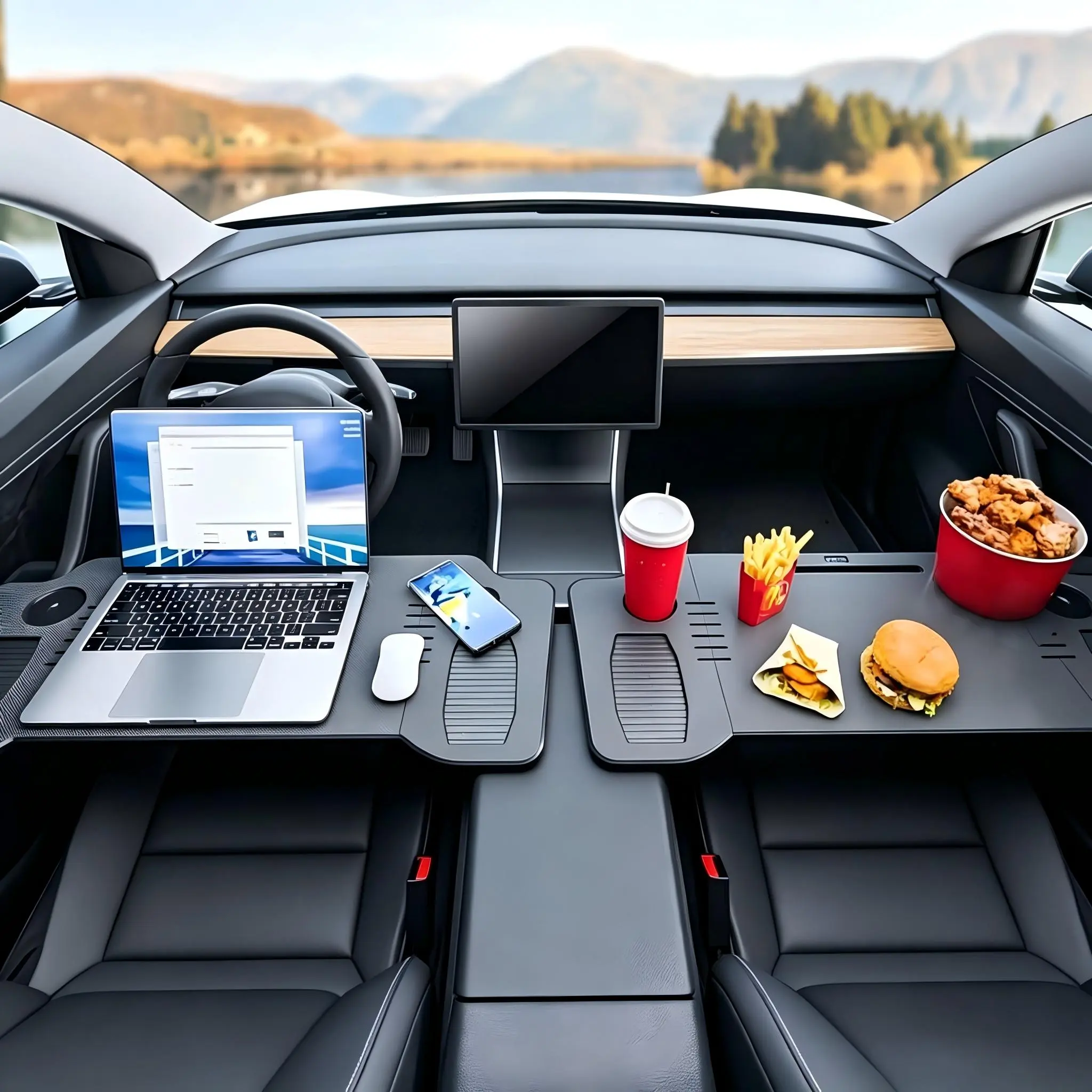 Portable foldable car tray table, for working, camping, reading, or dining in your car. Made of durable ABS resin, easy to use, simple to install on the steering wheel, with a non-slip surface, car interior accessory desk