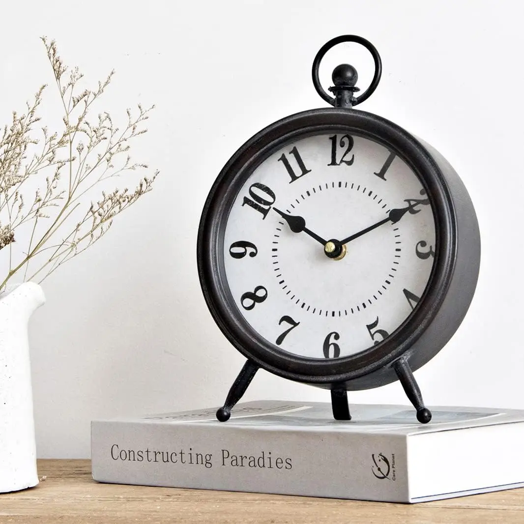 Vintage black table clock with stand, decorative desk and shelf clock, rustic mantel farmhouse clock (non-ticking).