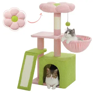 PAWZ Road 32" Small Cat Tree for Indoor Cats, Pink Cat Tower with Scratching Ramp, Hammock & Removable Flower Bed for Kittens