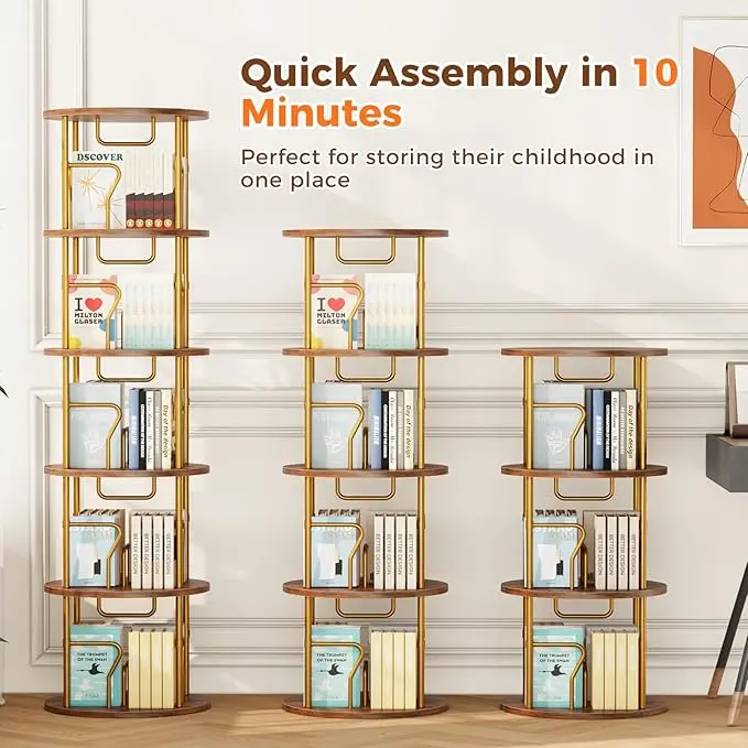 5Tier Rotating Bookshelf, 360 ° Display Stackable Spinning Bookshelf Tower,Round Space Saving Tall Floor Standing Swivel Bookcase Corner Storage Organizer for Bedroom/Living Room/Office