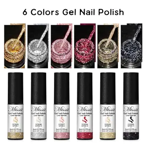 MTSSII 6pcs Reflective Glitter Liner Gel Nail Polish Set, Soak Off Gel, Golden Silvery Pink Red Black Bright Sparkling Painting Gel Varnish, Sparkling UV Gel, Super Flashing Gel Polish Set, Creative Nail Art Design, Ideal Gift for Women and Girls