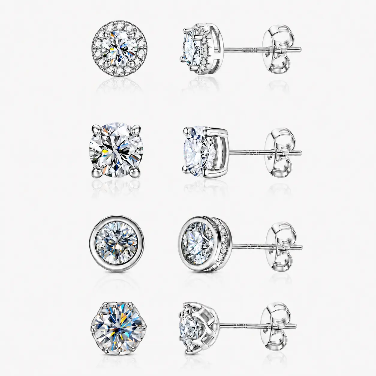 Halo Studs for Women & Men, Gold & Silver Tone Brilliant Finish, Set of 2 or 4 Pairs, Boxed for Daily Wear, Men's Earrings, Gold Stud Earrings, Cubic Zirconia, Boxed Luxury Earrings