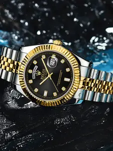 Log Series High-End Business Men's Watch Quartz Analog Wristwatch Waterproof Water Resistant Wristwatch Calendar Steel Band Butterfly Buckle Fashion Casual Simple Cool Versatile Business Fashion Watches