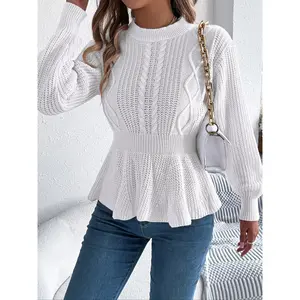 Women's plain pleated stand up collar sweater, elegant and fashionable casual long sleeved jumper, suitable for daily outdoor wear, autumn and winter women's knitwearRAIMENTRY