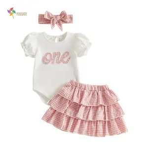 Baby Girl 1st Birthday Cotton Outfit Cute Short Sleeve Letters Embroidery Romper With Plaid Skirt, Headband 3pcs Set