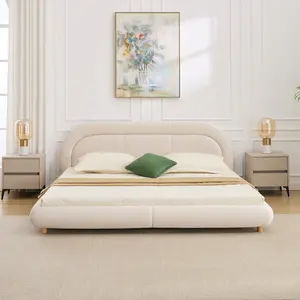 King Size Platform Bed Frame with Rounded Headboard, Velvet Upholstered King Bed with Wood Slats, Low Profile Platform Bed Frame for Bedroom, No Box Spring Needed, Beige