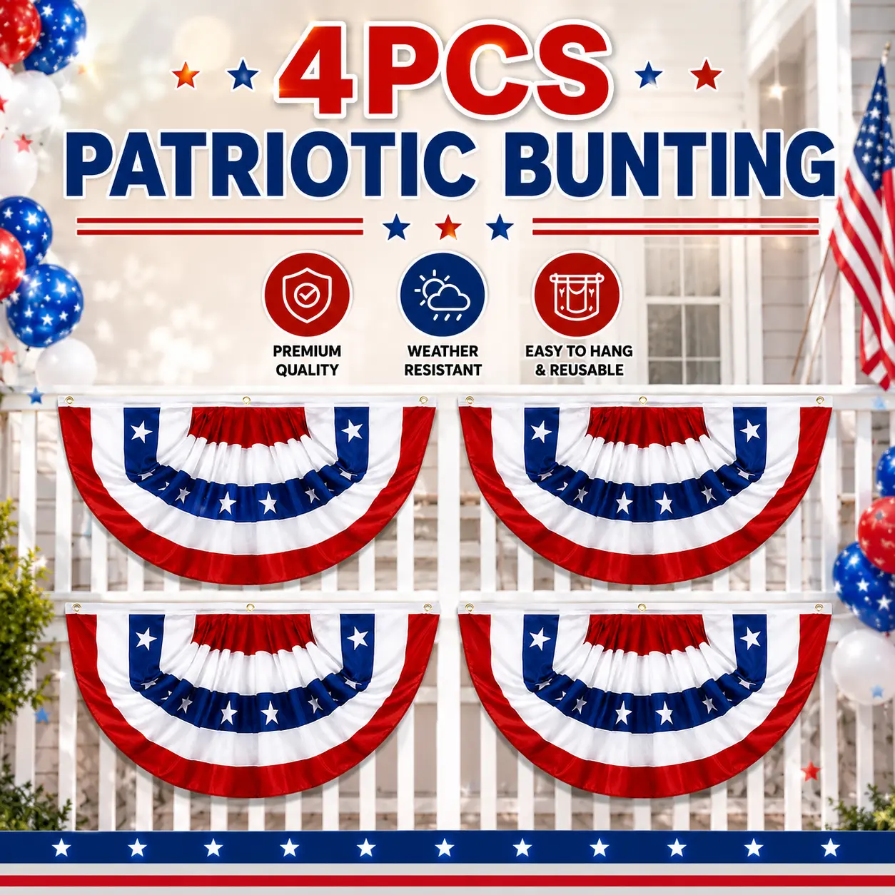 4th of July Patriotic Hanging Bunting Banners, 4pcs 1.5x3 FT US National Flag Pleated Fan Flags, Outdoor Party Decoration for Porch Fence, Independence Day Home Supply#DealsforYouDays #SummerWins