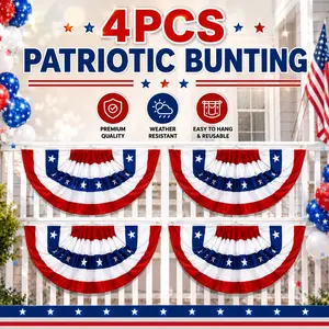 4th of July Patriotic Hanging Bunting Banners, 4pcs 1.5x3 FT US National Flag Pleated Fan Flags, Outdoor Party Decoration for Porch Fence, Independence Day Home Supply