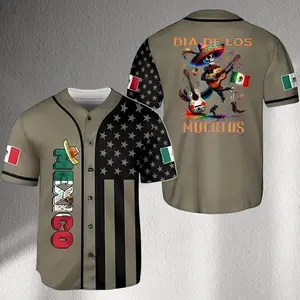 Dia De Los Muertos Skeleton Guitar Sombrero Mexico USA Flag Baseball Jersey Unisex Oversized Streetwear Halloween Casual Summer Gym Sport Shirt Men Women Gift