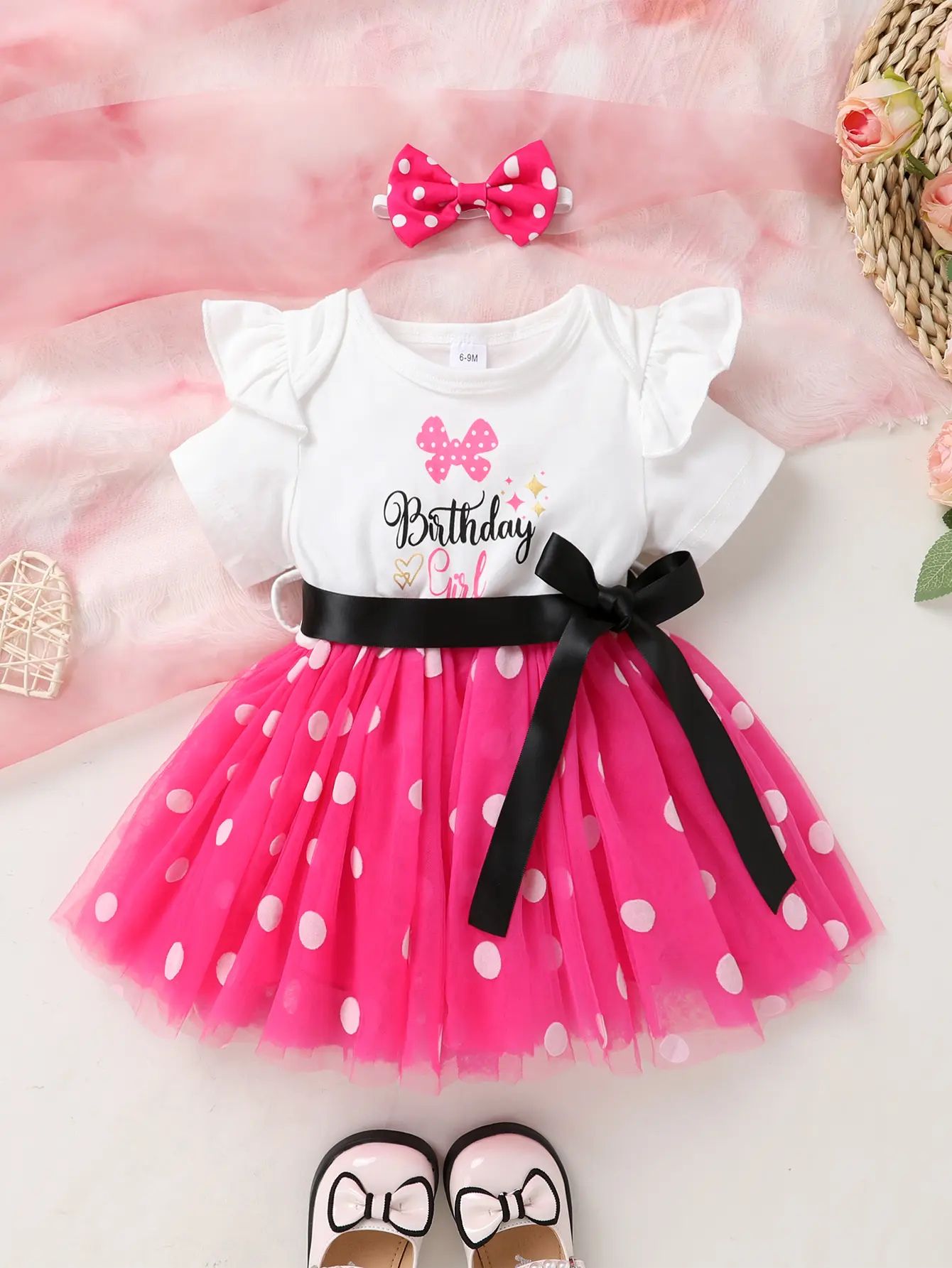 Newborn Girl's 3-Piece Outfits Gift Set - Crew Neck Flying Sleeve Jumpsuit with Letter Slogan Print, Polka Dot Skirt & Elastane Headband, Soft Breathable Essentials for Celebrations