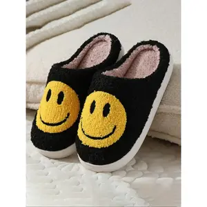 Women's Smile Face Pattern Plush Slippers, Fuzzy House Slippers, Casual Soft Comfortable Home Slippers, Warm Slippers for Indoor & Outdoor Use for Fall & Winter, Non Slip Slippers
