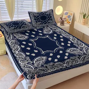 Navy Blue Bandana Paisley Fitted Sheet Set, 1 Fitted Sheet + 2 Pillowcases, Classic Western Bandana Print Bedding, Soft Breathable Microfiber Bed Linen, All Season Boho Bedroom Decor