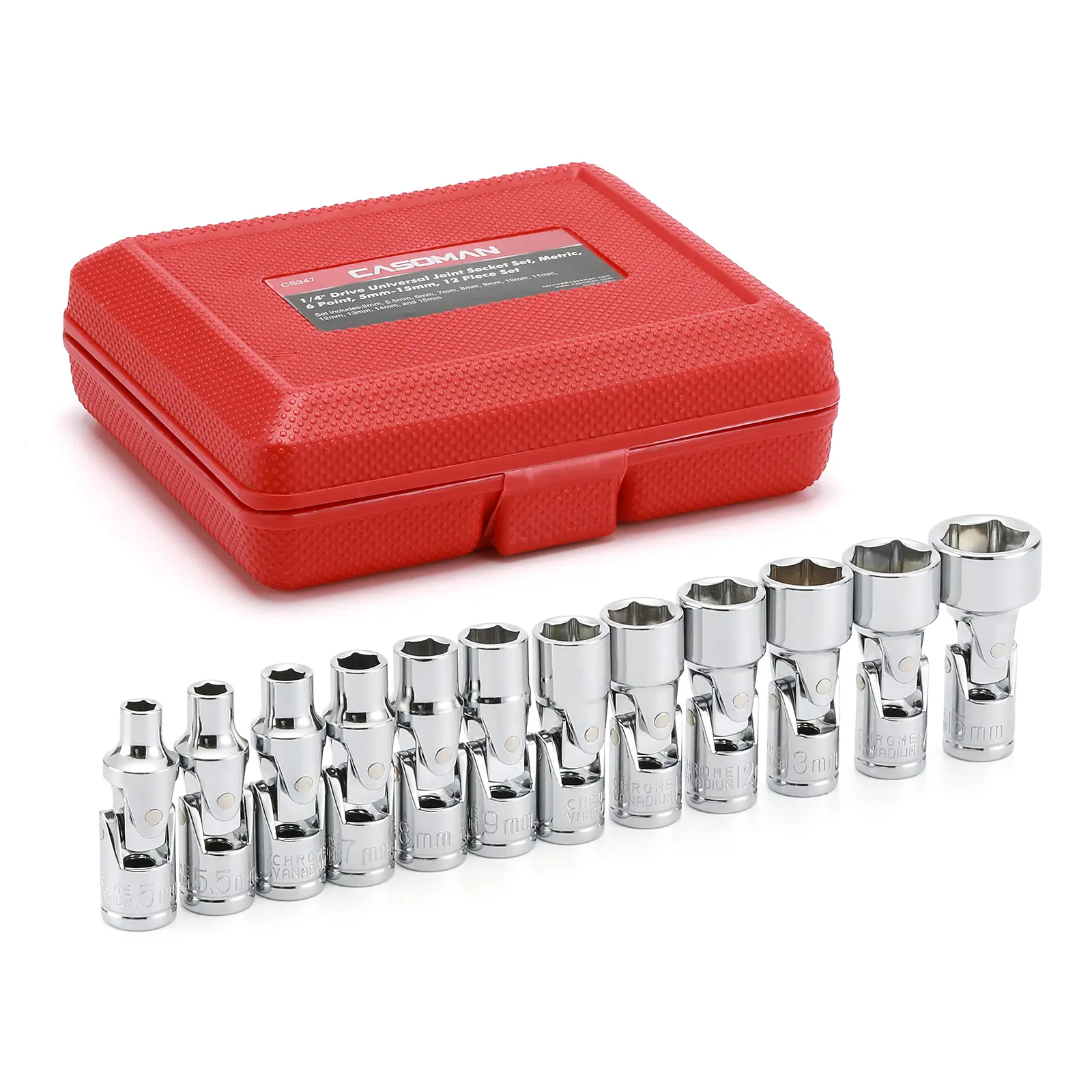 CASOMAN 12PCS 1/4" Drive Metric Universal Flex Socket Set - 5mm-15mm 6-Point CR-V Drive Sockets, 360-Degree Swivel Head Flexible Wrench, Heavy Duty Hand Tools #dealforyourdays