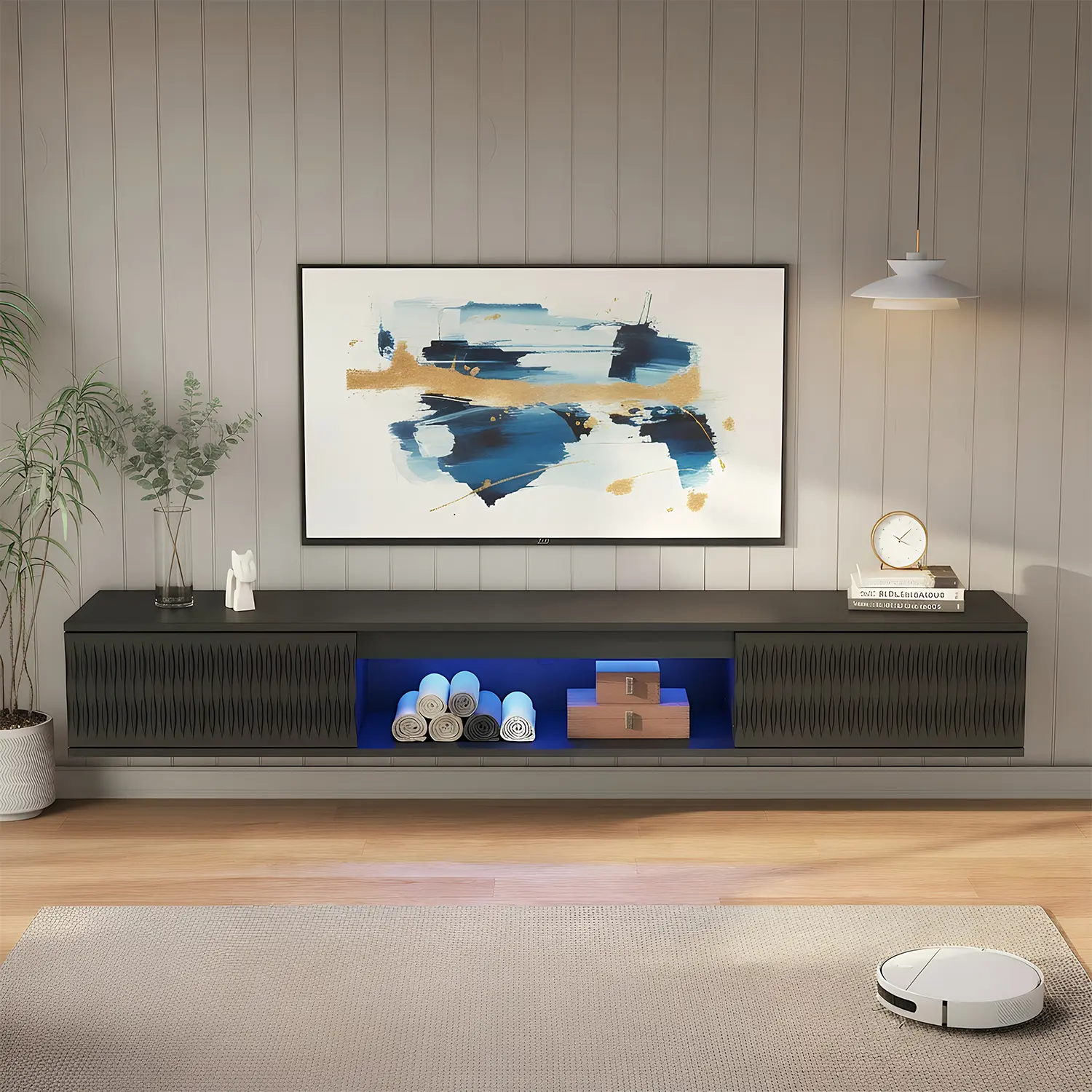 Spaco Modern LED Floating TV Console Table - Wall-Mounted Entertainment TV Stand with Dual Doors, Open Shelves, Cable Management Hole, Anti-Tip Kit, Particle Board, Durable, Assembly Required (Black, White), Floating Tv Stand
