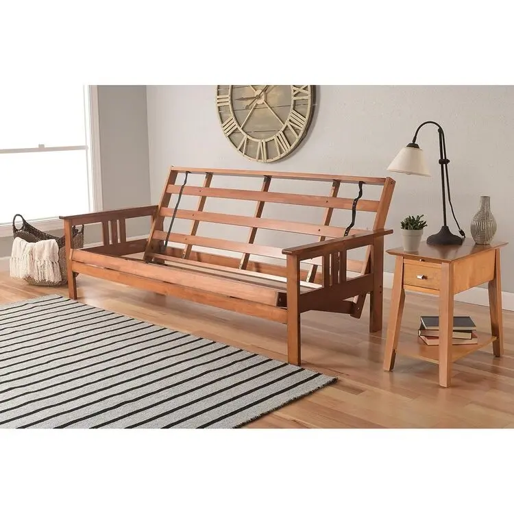 Homestock Asian Allure Fusion Futon Wood Frame - Durable Cozy Comfy Loveseat, Foldable Floor Sofa Sleeper, Sturdy Classic Mission-Style Arms, Solid Pattern, Tight Back, Natural Finish, Accommodating Guests by Night, Modern Lounge Room Use