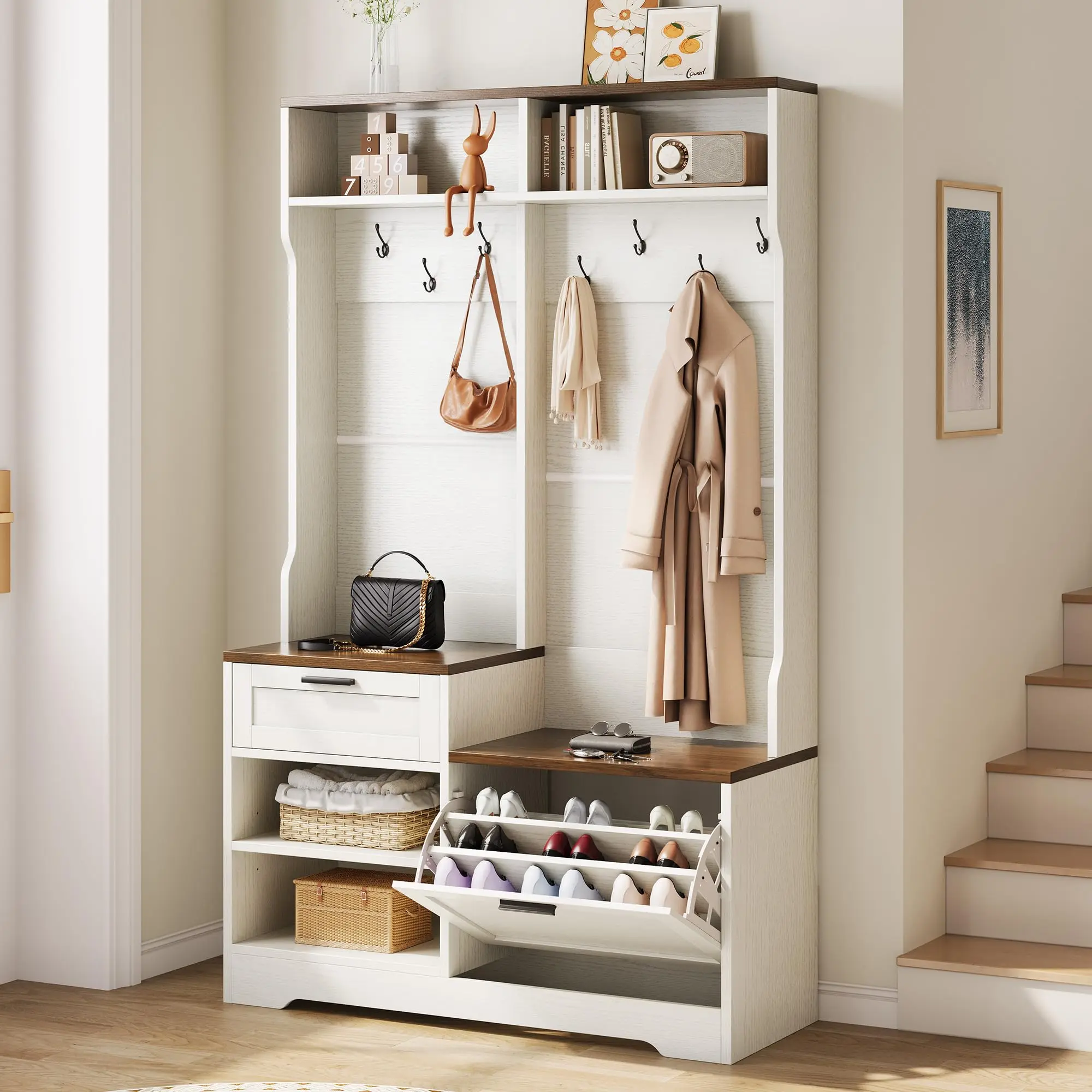 Hall Tree with Bench and Shoe Storage 6-in-1 Versatile, 43.3" x 15.75" x 70.87", MDF Wood, Embossed White Walnut Wood Grain Finish, for Entryway, Bedroom, or Garage