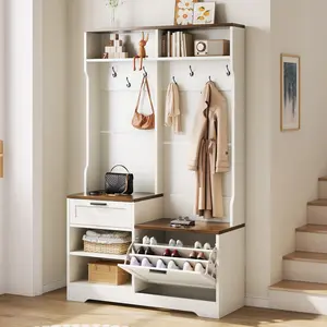 Hall Tree with Bench and Shoe Storage 6-in-1 Versatile, 43.3" x 15.75" x 70.87", MDF Wood, Embossed White Walnut Wood Grain Finish, for Entryway, Bedroom, or Garage