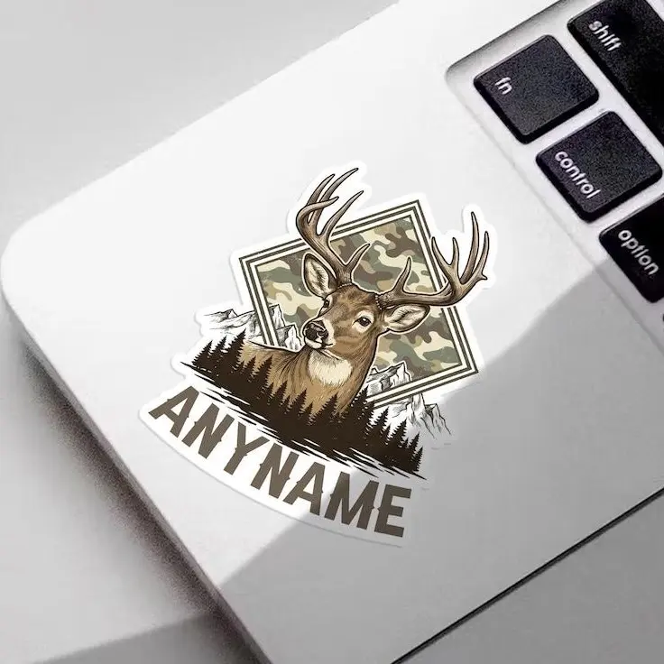 Personalized Hunting Deer Camo Name Sticker, Custom Buck Hunter Vinyl Decal, Outdoor Wildlife Waterproof Sticker for Water Bottle Laptop Bryan