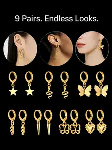 9 Pairs Gold Hoop Earrings Set for Women – Star, Snake, Butterfly & Heart Charms, Fashionable Hoop Earrings, Minimal Dangle Hoops, Versatile Earrings for Everyday Wear