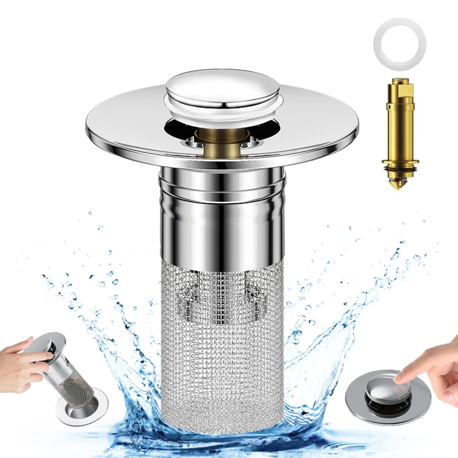 Durable Stainless Steel Modern Bathroom Sink Pop-Up Stopper - 1-Count Anti-Odor Bouncing Core Drain Plug with ABS & Brass Components, Clog-Prevention Bathroom Fixture Accessory for Bathtubs