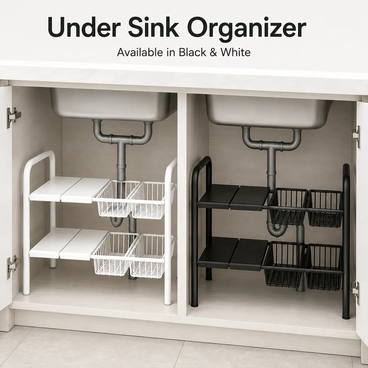 Under Sink Cabinet Organizer - Carbon Steel 2-Tier Expandable Adjustable Hanging Home Supply with Baskets, 52-91cm Bath Storage Holder for Kitchen, Bathroom
