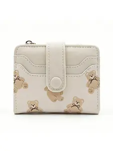 Pomelo Best Cute Bear Print Small Wallet for Women PU Leather Bifold Card Holder with Zipper Coin Pocket ID Window Bifold Wallets
