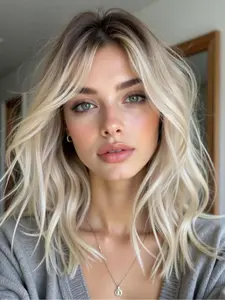 20 Inch Long Blonde Brown Wave Wigs for Women, Gorgeous Fluffy Synthetic Fiber Wigs with Curtain Bangs, Soft Synthetic Hair Wig for Party, Daily Use, Body Wave Wig, Loose Wave Wigs