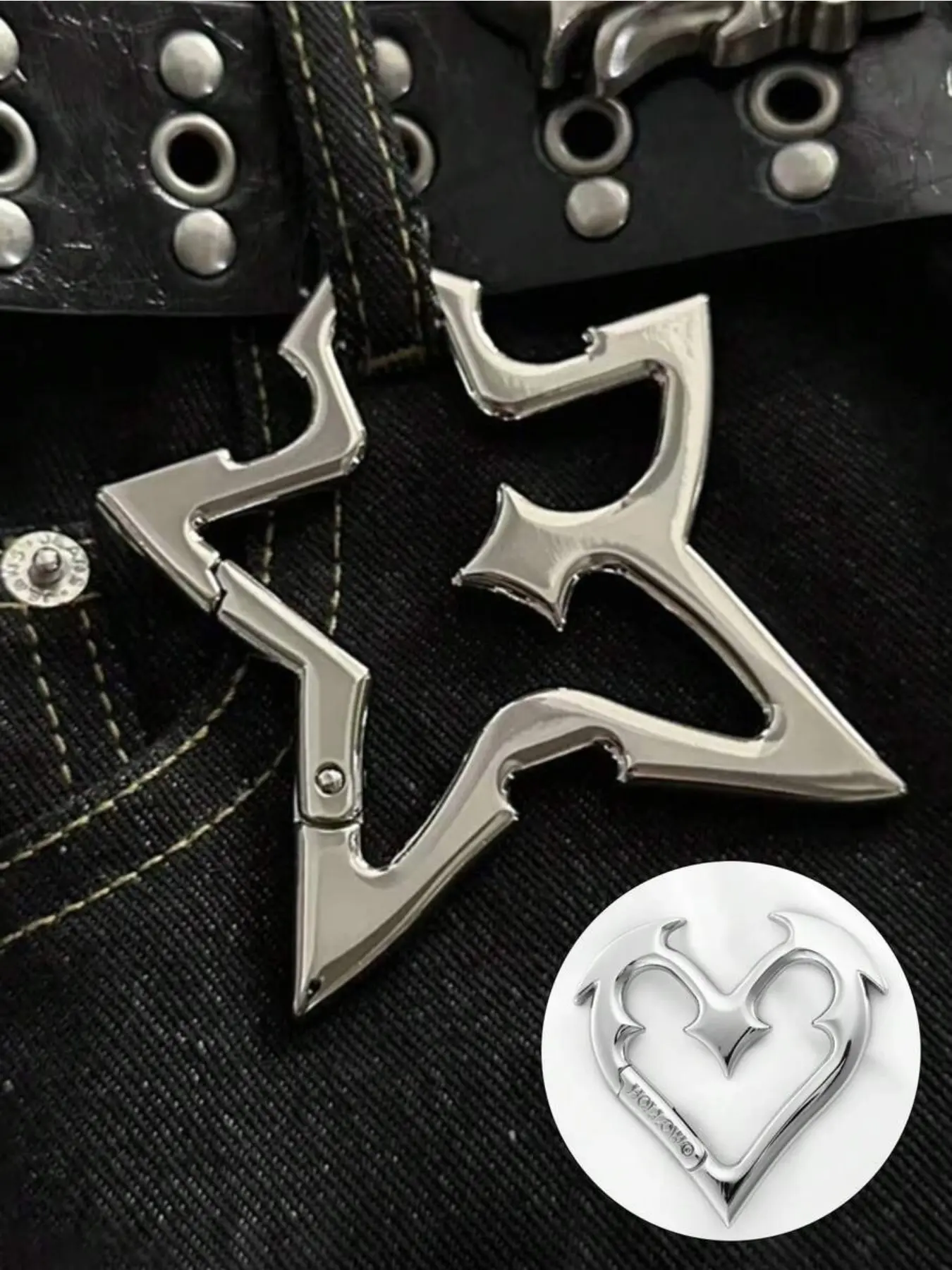 Silver Star Shaped Metal Carabiner Keychain For Bags, Stainless Steel Pentagram Pendant Keychain With Heart Bag Charm - Rust-Proof Pentagram Keyring, Metal Wallet Hang Charm And Zipper Pull; Gothic/Bohemian Mystical Symbol Carabiner