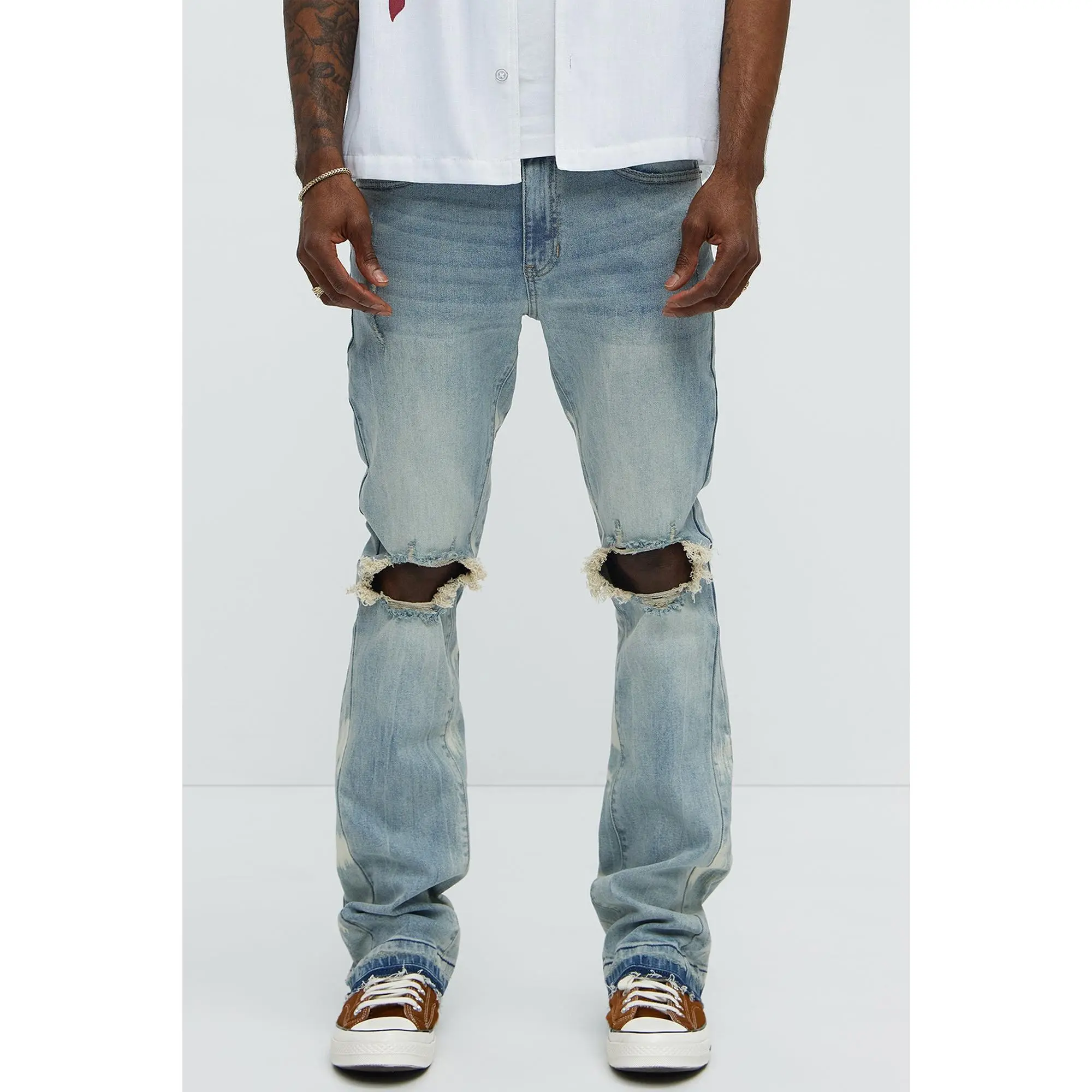 Apex Splotter Ripped Stacked Skinny Flare Jeans - Light Blue Wash