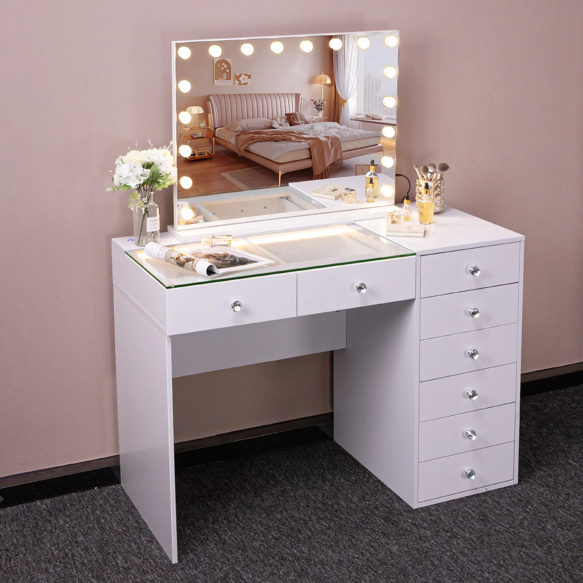 VANITII Large Minimal Contemporary Makeup Vanity Desk Furniture - 32x23 in Hollywood Mirror with RGB Lights, 10x Magnifying Glass, 8-Drawer Storage, 47'' L x 21.7'' W x 31.8'' H Modern Bedroom Dressing Table for Women, Design