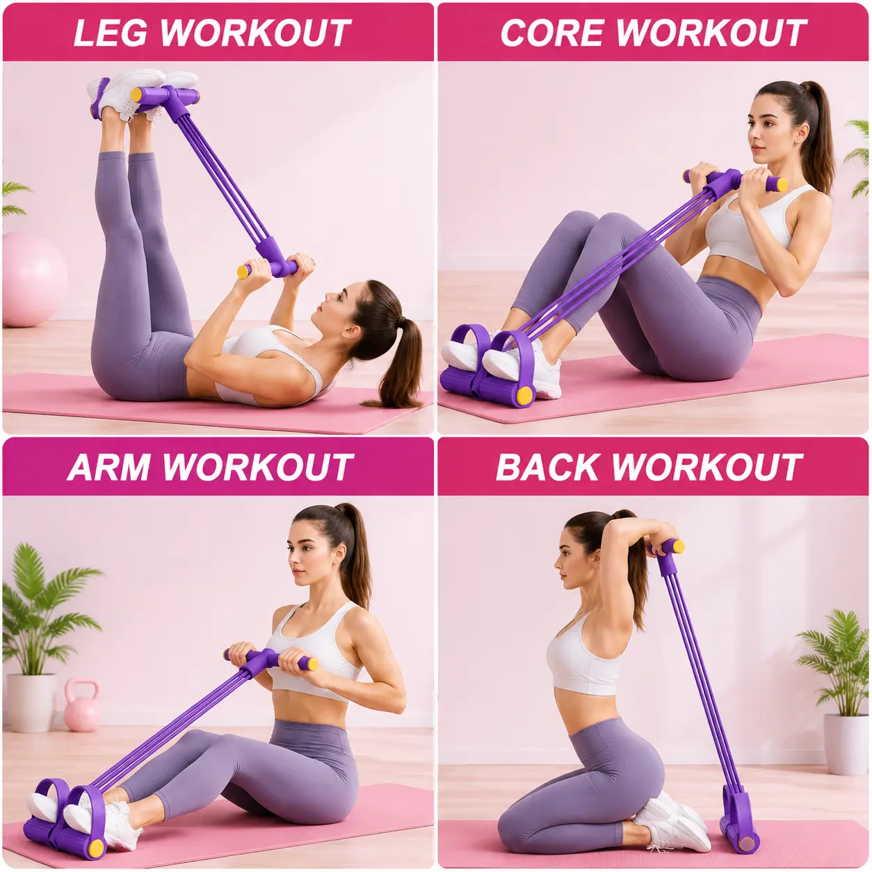 Portable Pedal Resistance Band Trainer, 4-Tube Foot Pedal Exercise Equipment for Home Gym Full Body Workout, Sit-Ups, Yoga, Arm, Leg & Abdominal Training for Men and Women Fitness Bands Stretching Gear Fitness Bands Stretching Gear