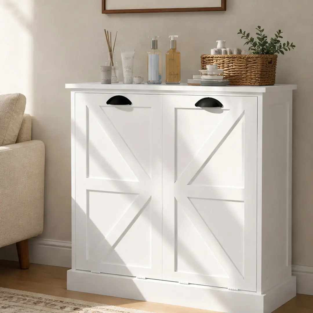 ARCH Two-Compartment Tilt-Out Laundry Sorter Cabinet, White MDF Laundry Hamper Cabinet with Removable Cloth Bags, Freestanding Laundry Organizer for Laundry Room, Bathroom, or Bedroom, 13.77"W x 31.49"D x 30.70"H, White Color Options