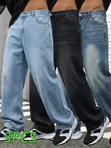 Men’s 3-pack jeans: men’s casual straight-leg loose denim pants, black washed finish, abrasion-resistant non-stretch fabric, perfect for everyday wear.