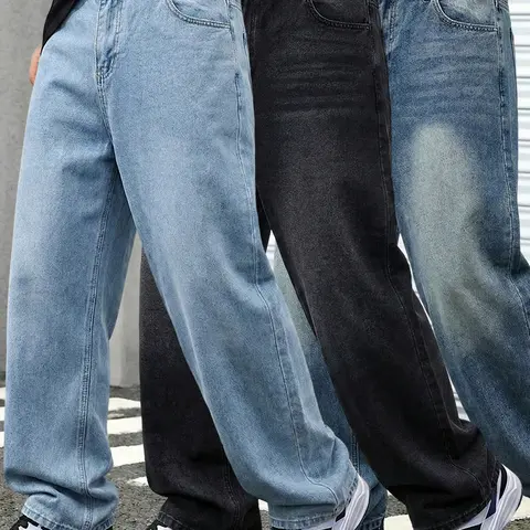 Men's Classic Straight Leg Washed Denim Jeans - Cotton-Poly Loose-Fit Trousers, Wear-Resistant Non-Stretch Fabric, Black Washed Vibe, 1/2/3 Packs Available, Ideal for Everyday Casual Wear