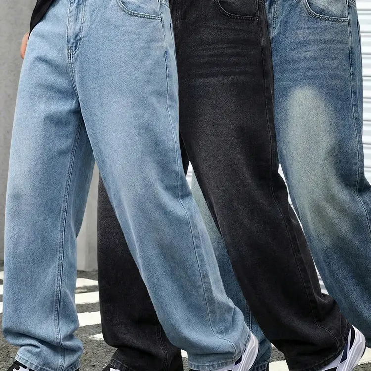Men's Classic Straight Leg Washed Denim Jeans - Cotton-Poly Loose-Fit Trousers, Wear-Resistant Non-Stretch Fabric, Black Washed Vibe, 1/2/3 Packs Available, Ideal for Everyday Casual Wear