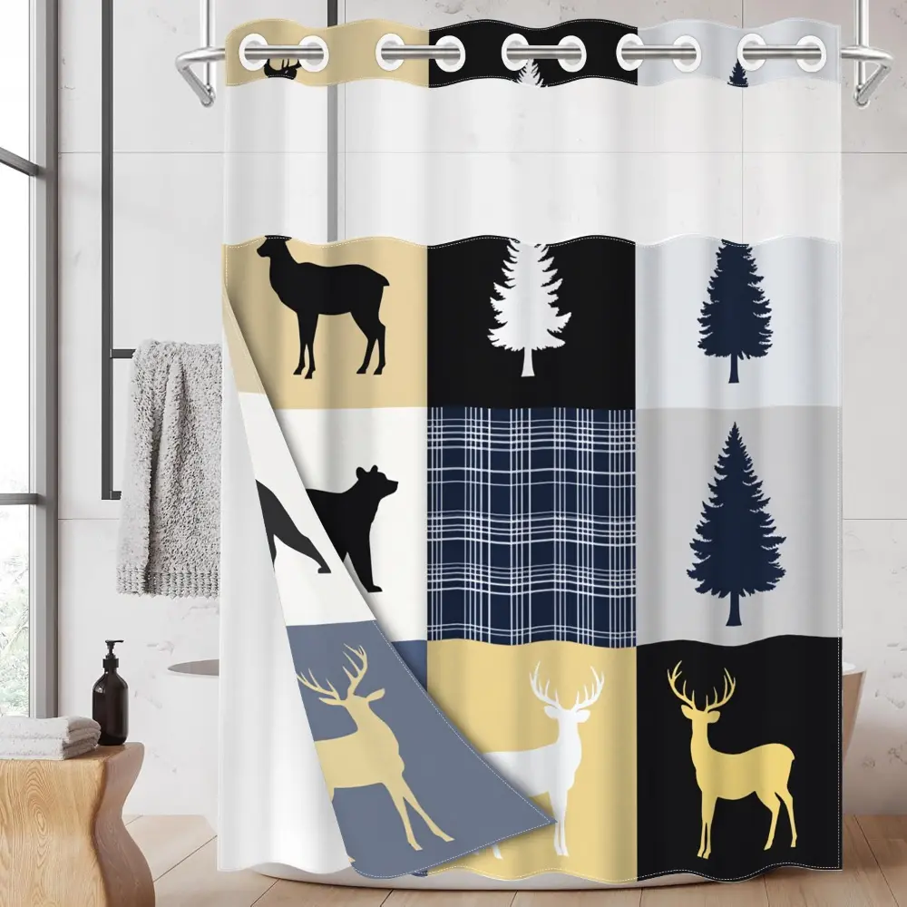 1pc hookless shower curtain with buckle lining, blue, yellow and white checkered elk and pine tree design, 2D flat printing, fabric waterproof lining, see-through double-layer shower curtain, 71 x 74 inches, modern home draping curtain.