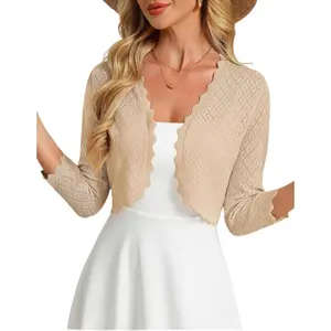 Womens 2026 Bolero Shrug 3/4 Sleeve Crochet Cropped Cardigan Open Front Knit Shrugs for Dresses