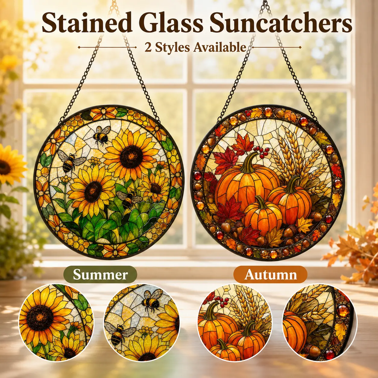 Colorful Frame Hangable Stained Glass Window Hanging Suncatcher, 7.87in Round Ornaments with Hook & Metal Chain, Sunflower/Pumpkin Styles for Home Decoration, Gifts, 20 Cm X 20 Cm, Mother's Day