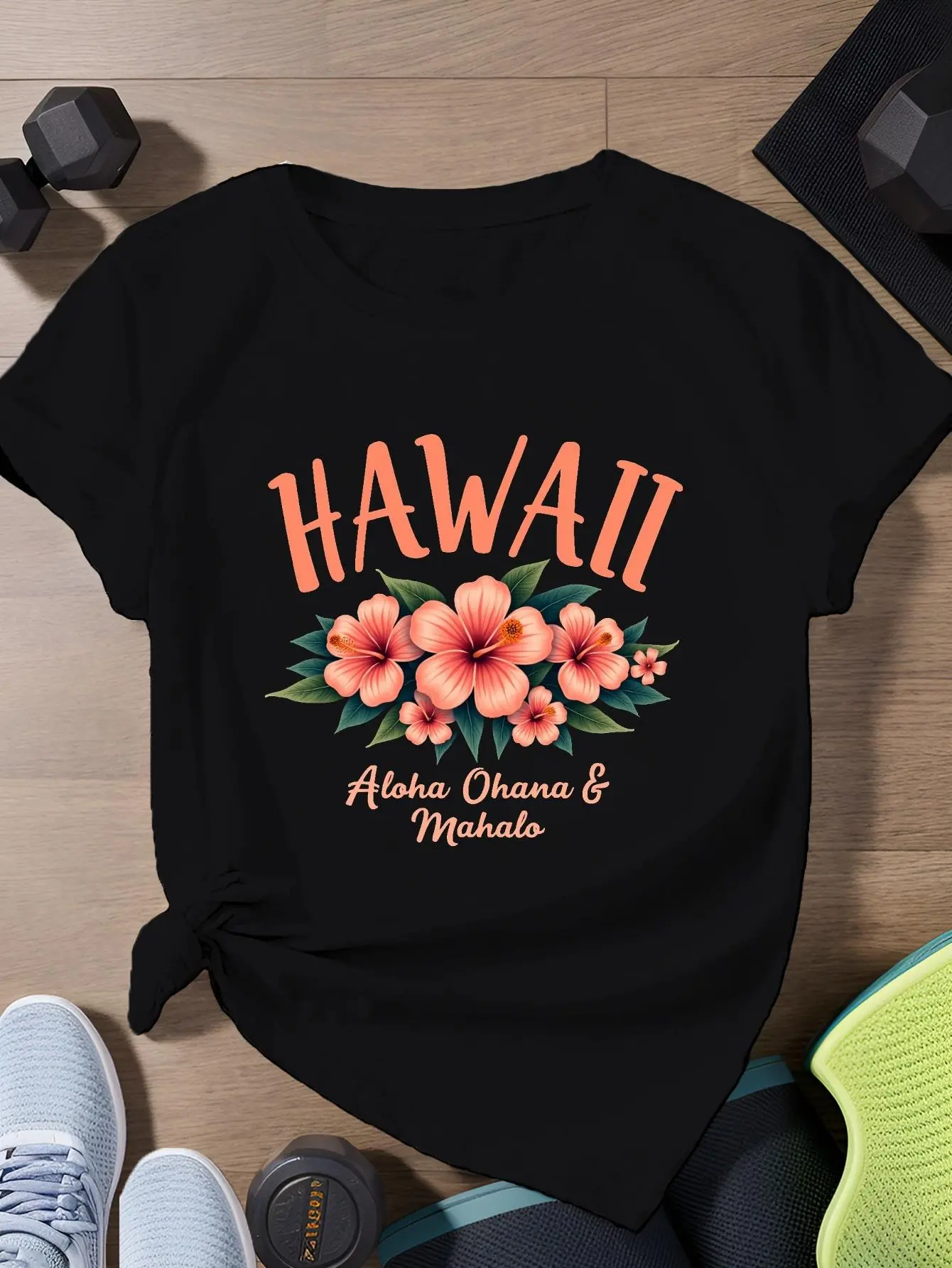 Hawaii Aloha Ohana Mahalo Hibiscus Floral Graphic T-Shirt - Black Crew Neck Short Sleeve Tee, Made from Ultra-Soft, Lightweight And Breathable for Summer, Designed for a Relaxed Fit to Ensure Comfort Every Day - Ideal for Beach Vacations