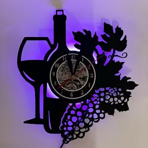 Winery LED Vinyl Wall Clock with Wine Glasses & Grape Bunches, Silent Light Modes, Home Farmhouse Bar Kitchen Décor, Great Gift, Home Decor, Led Wall Clocks